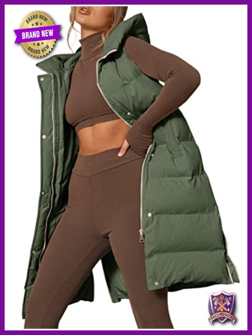 Long Hooded Puffer Vest Sleeveless Zip Up Down Vest